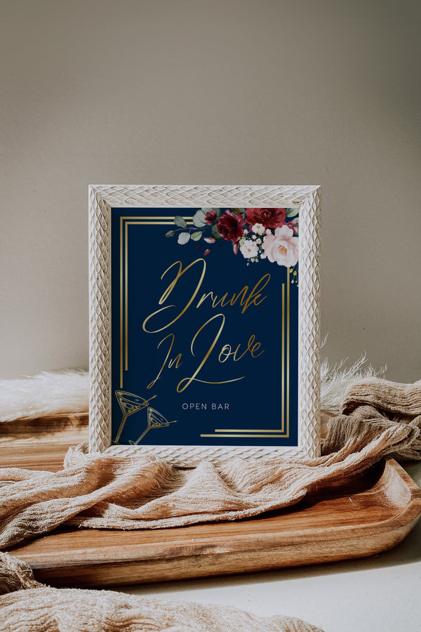 Drunk in love sign, Open bar sign, Wedding open bar sign, Open bar template, Navy gold wedding sign, Boho wedding sign | THALIA