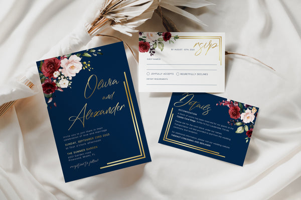 Navy Gold wedding invitation set, Boho wedding invitation set with faux gold and watercolor red flowers  | THALIA