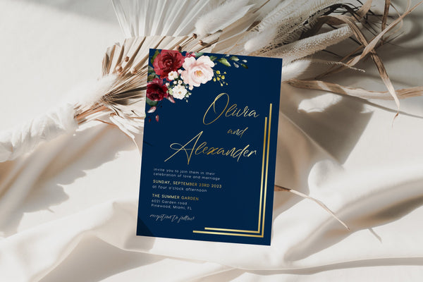 Navy Gold invitation, Navy gold wedding invitation with faux gold and watercolor red flowers, Wedding invitation template | THALIA