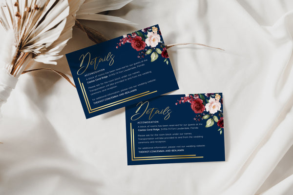 Details cards template, Wedding details cards, Wedding Information cards template, Navy Details cards | THALIA