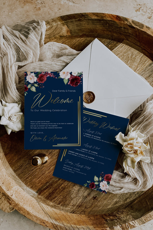 Wedding itinerary template, Navy gold itinerary, Navy wedding program, Gold wedding itinerary | THALIA