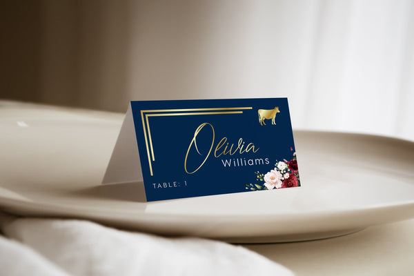 Place cards template, Wedding place cards, Navy gold place cards, Name cards template with meal icons | THALIA