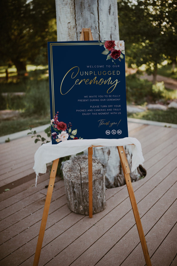 Unplugged ceremony sign, Wedding unplugged sign, Navy gold unplugged sign template | THALIA