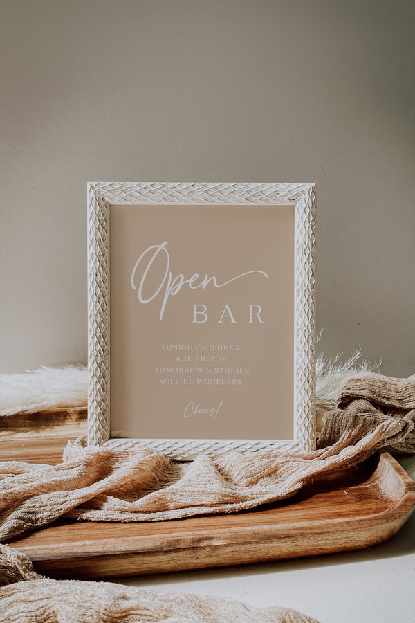 Open bar sign, Beige wedding sign, Wedding bar sign, Bar sign template | BELLAMY