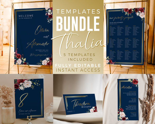 Navy gold wedding bundle, Wedding templates, Seating chart, Welcome sign, Table numbers, Place card and Menu card templates | THALIA