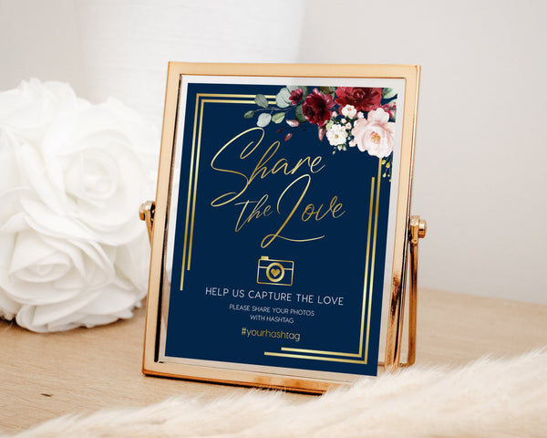 Share the love sign, Wedding hashtag sign, Social networks hashtag sign, Navy gold wedding sign, Boho wedding sign | THALIA