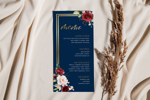 Navy gold menu, Wedding menu template, Boho wedding menu, Navy menu cards with faux gold and watercolor flowers | THALIA