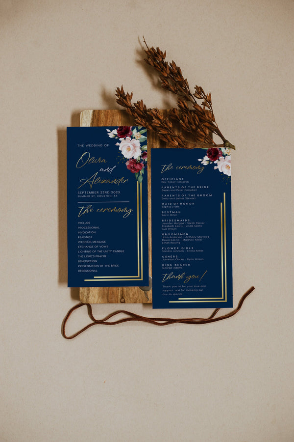 Navy gold wedding program, Program template, Wedding program cards navy with faux gold and watercolor flowers, Boho program | THALIA