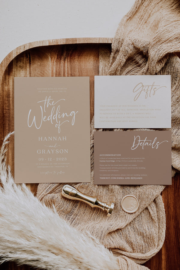 Modern beige wedding invitation suite, Wedding invitation template, Invitation with RSVP and details card | BELLAMY