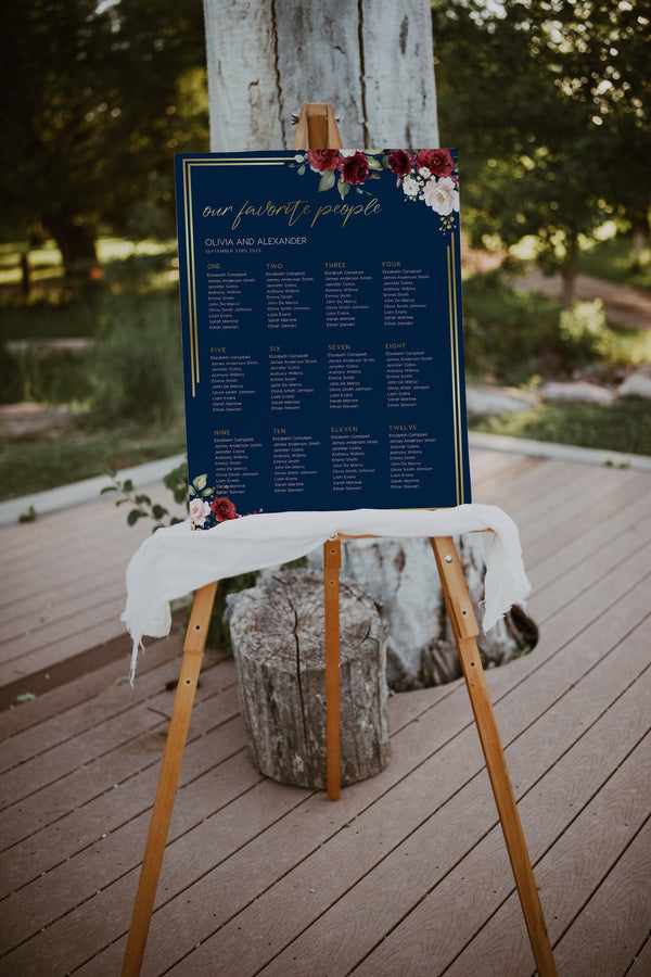 Seating chart template, Seating chart navy and gold, Wedding seating chart sign, Boho wedding sign | THALIA