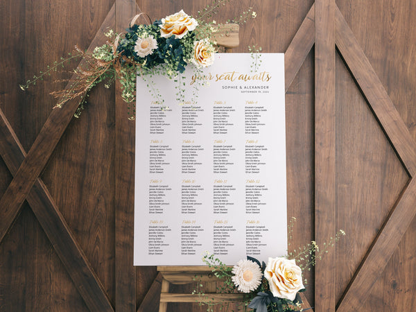 Gold seating chart, Wedding seating chart template, DIY seating plan, Instant download, Gold foil effect #GLD021