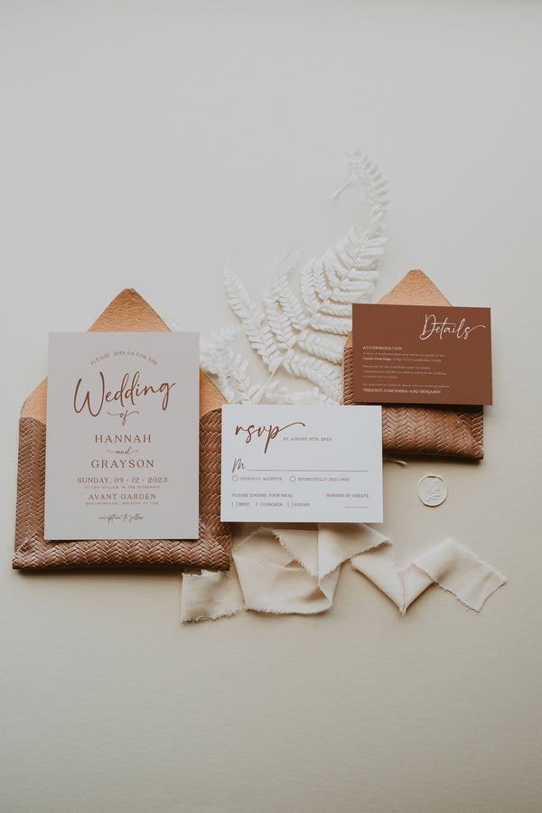 Terracotta Wedding invitation set,, Invitation with RSVP and details card