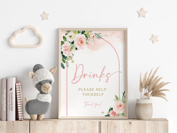 Baby shower drinks sign, Drinks template editable, Drinks menu sign, Floral blush sign template  #BLUSHEE