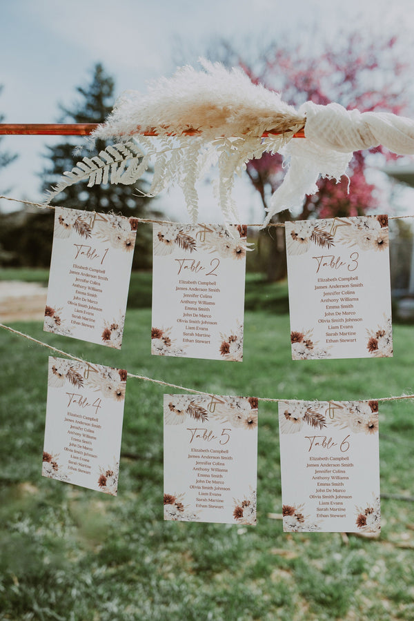 Seating chart cards, Seating cards template, Seating chart wedding, Boho pampas seating chart , Terracotta wedding sign #Ellery