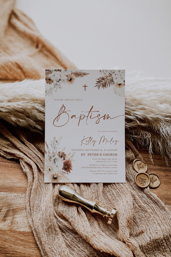 Baptism invitation boho, Baptism invitation template for girl and boy, Christening invitation template, Terracotta pampas  #Ellery