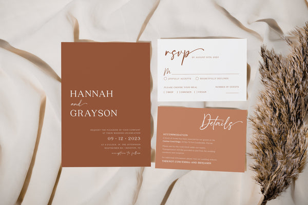 Terracotta invitation suite, Modern wedding invitation terracotta, Earthy wedding invitation, Invitation download #BELLAMY-TR