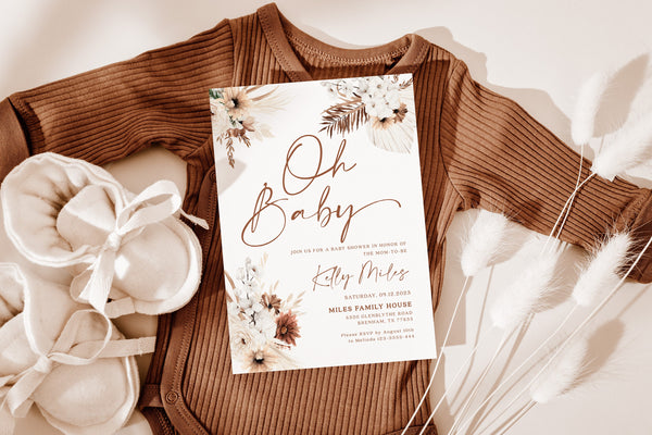 Oh Baby invitation, Baby shower invitation boho,  Pampas baby shower invitation, Terracotta baby shower invitation #Ellery