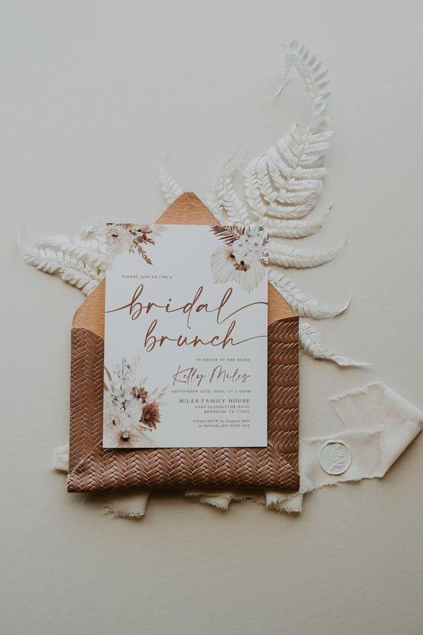 Bridal brunch invitation, Bridal brunch template, Boho invitation, Bridal shower invitation, Terracotta pampas  #Ellery