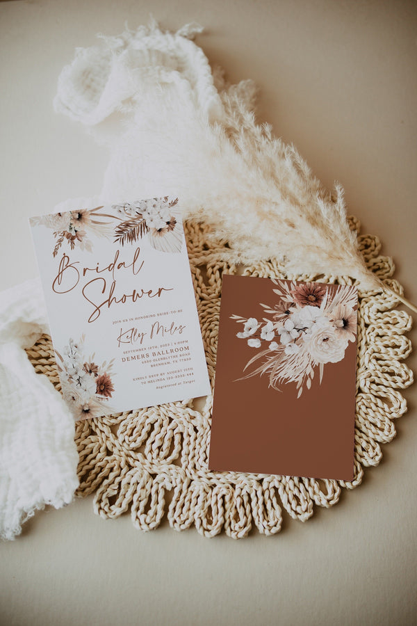 Bridal shower invitation, Boho bridal shower invitation template, Terracotta pampas  #Ellery