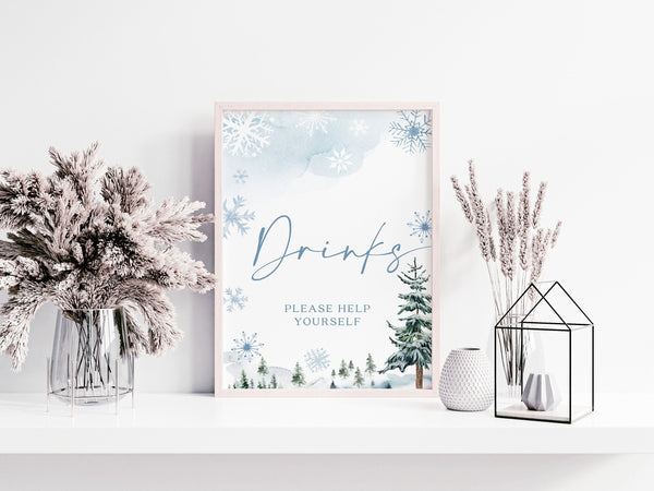 Drinks sign, Baby shower drinks sign,  Drinks bar sign, Winter baby shower sign, Winter wonderland sign #BLUEWW