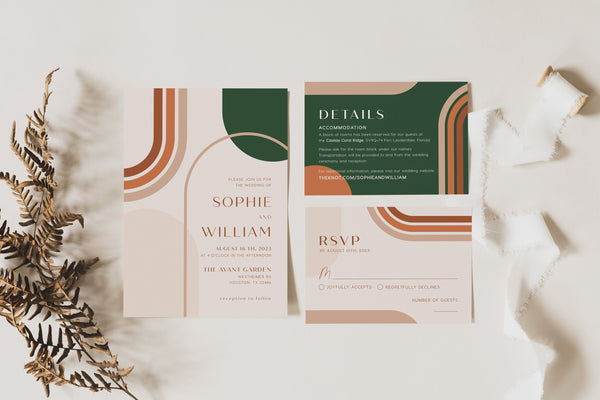 Boho wedding invitation, Modern boho wedding invitation set with arch shapes in terracotta, beige, and emerald green color #Emeline