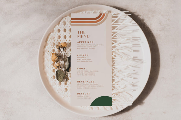 Boho menu template, Menu cards with arch shapes in terracotta, beige, and emerald green color, Wedding menu template #Emeline