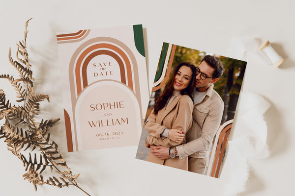 Modern save the date, Save the Date cards with arch shapes in terracotta, beige, and emerald green color, Boho save the date #Emeline