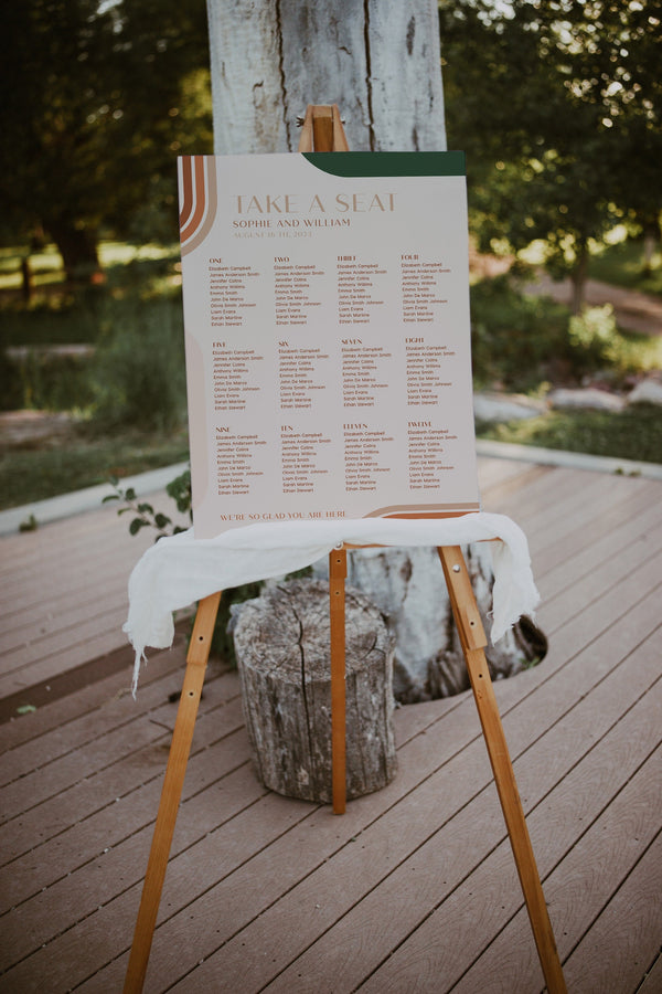 Seating chart wedding, Modern boho seating chart template with arch shapes in terracotta, beige, and emerald green color #Emeline