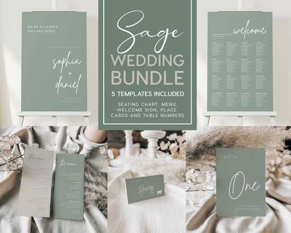 Wedding bundle sage green, Templates bundle, Seating chart sign, Wedding welcome sign, Menu cards, Table number and place cards #SAGE021LWT