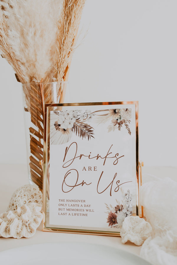 Drinks are on us sign, Open bar sign,Wedding bar sign, Boho wedding decor, Pampas wedding sign, Terracotta wedding #Ellery