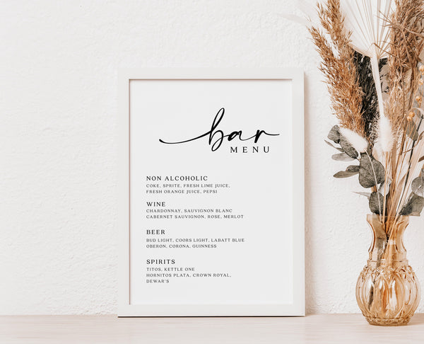 Wedding bar menu sign, The bar menu template, Drinks menu sign, Modern and elegant wedding signage #Morea