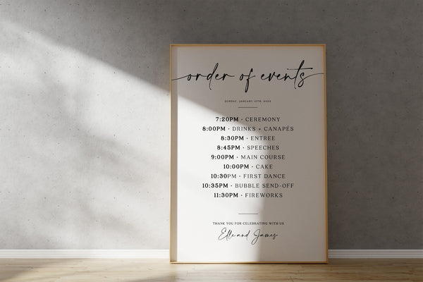 Order of Events sign, Wedding order of the day template, Itinerary sign, Wedding program, Modern and elegant wedding stationery #Morea