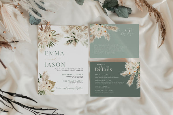 Boho Sage green wedding invitation set, Pampas wedding invitation, Sage wedding invitation, Pampas grass