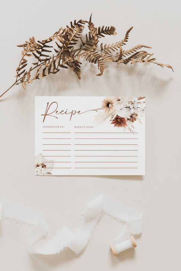 Recipe card template, Recipe card bridal shower, Boho bridal shower, Terracotta pampas  #Ellery