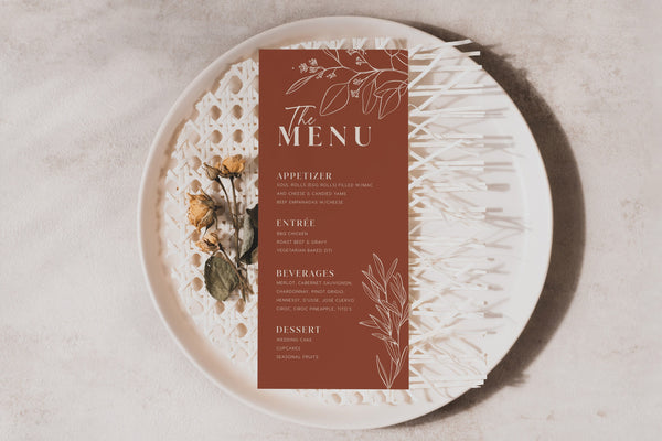 Terracotta menu, Floral menu, Wedding menu template, Botanical wedding menu #herbal