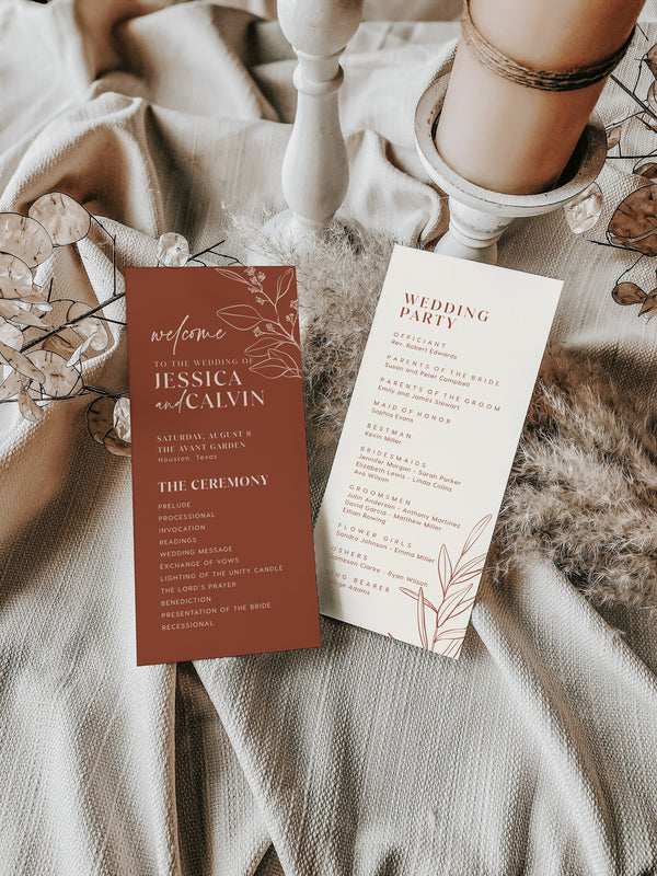 Floral wedding program, Terracotta rust wedding program template, Wedding party and program card template #herbal