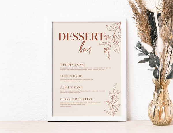 Dessert bar sign, Dessert bar menu template, Floral wedding sign, Botanical wedding sign, Terracotta wedding sign, Editable sign #herbal