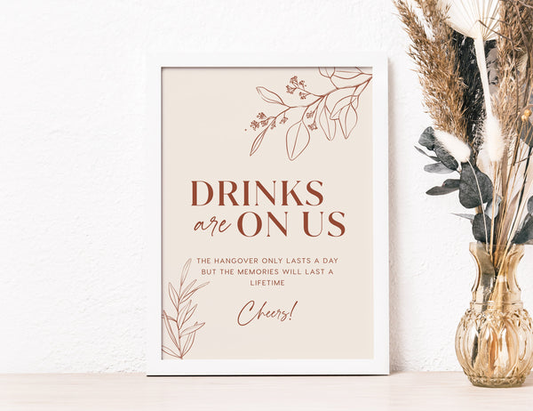 Drinks are on us sign, Open bar sign, Floral wedding sign, Botanical wedding sign, Terracotta wedding sign, Editable sign #herbal