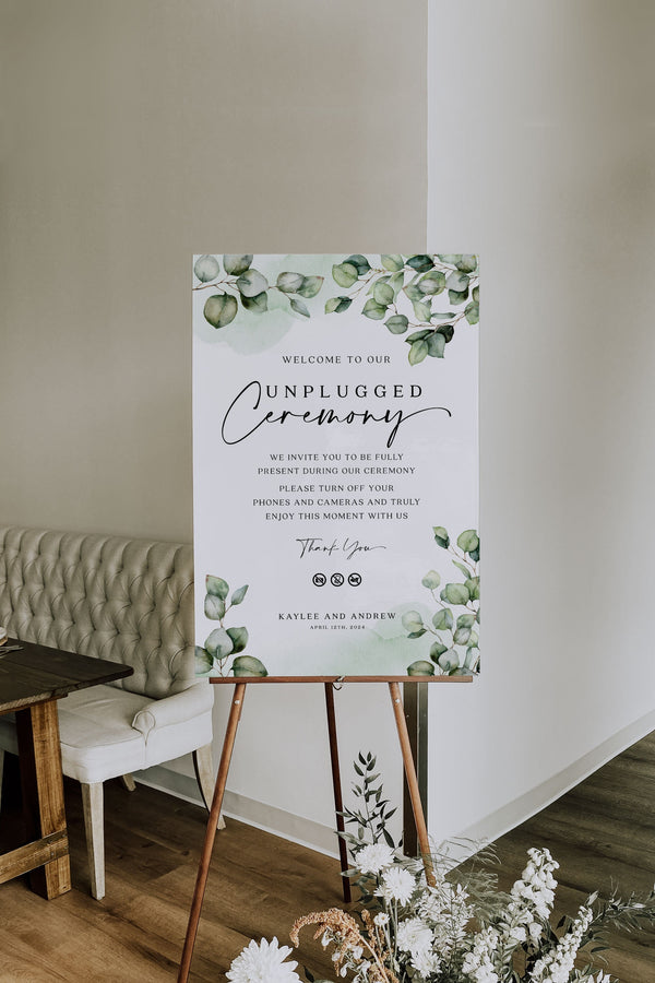 Greenery wedding sign, Unplugged wedding ceremony sign, Unplugged sign template #Elise