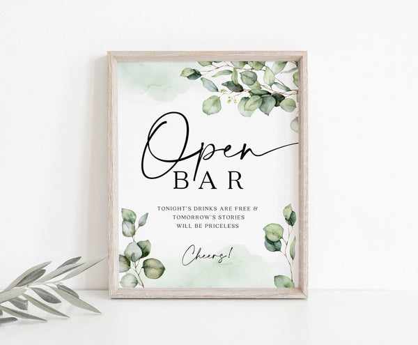 Open Bar sign, Wedding sign template, Greenery sign, Instant access through Templett  #Elise