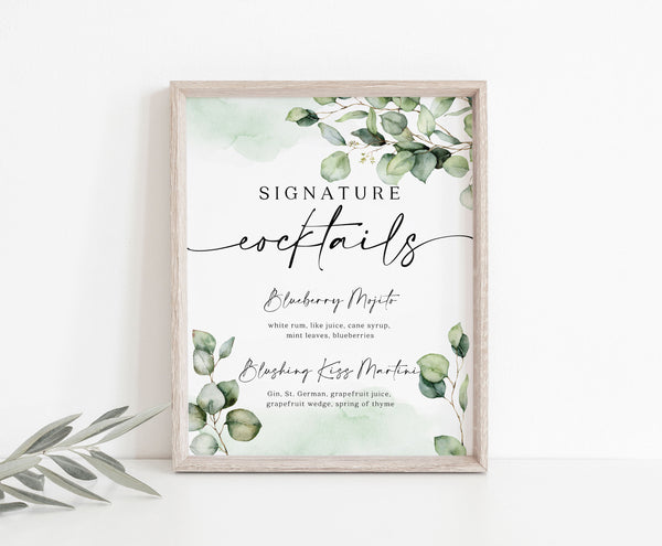 Signature Cocktails sign, Wedding sign template, Greenery sign, Instant access through Templett  #Elise