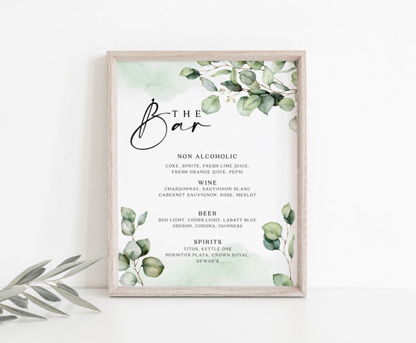 Wedding Bar sign, Wedding sign template, Greenery sign, Instant access through Templett  #Elise