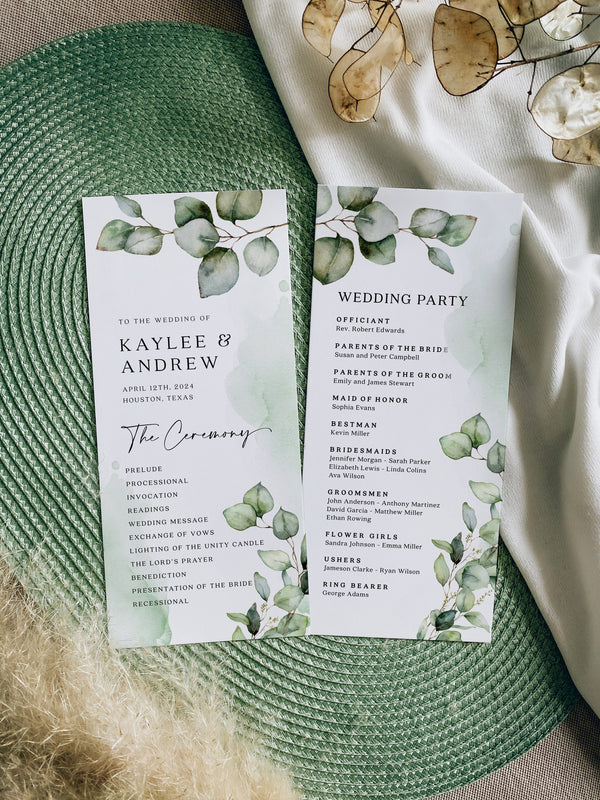 Wedding program template, Greenery program cards, Eucalyptus floral program cards #Elise