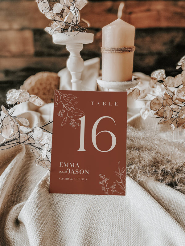 Table numbers template, Rust terracotta table numbers, Floral table numbers #herbal