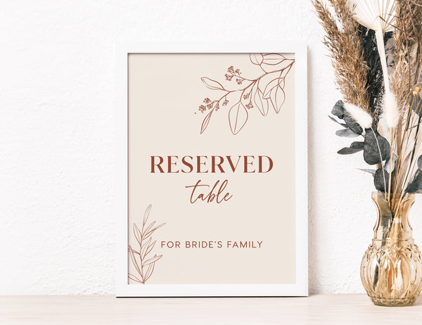 Reserved table sign, Reserved seat sign, Floral wedding sign, Botanical wedding sign, Terracotta wedding sign, Editable sign #herbal