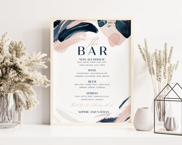 Bar sign template, Wedding menu bar sign template, Navy and blush wedding sign, Drinks menu sign #Celeste