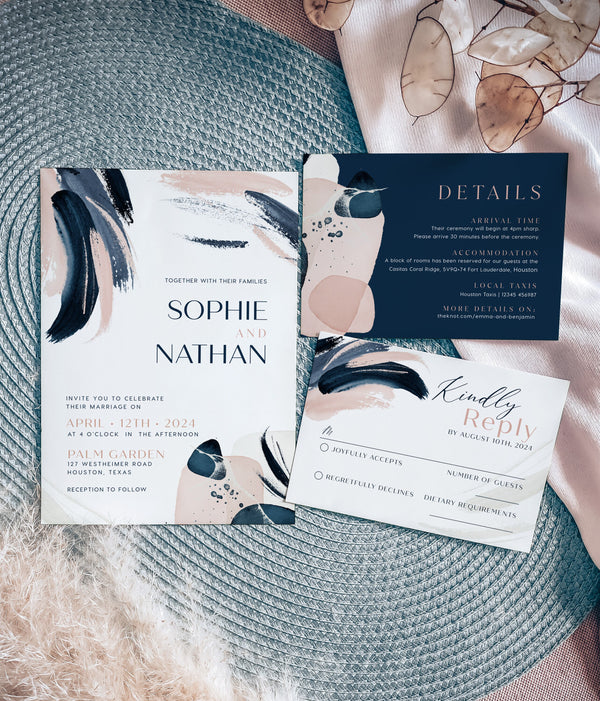 Navy Blush wedding invitation, Navy wedding invitation set, Editable wedding Invitation templates #Celeste