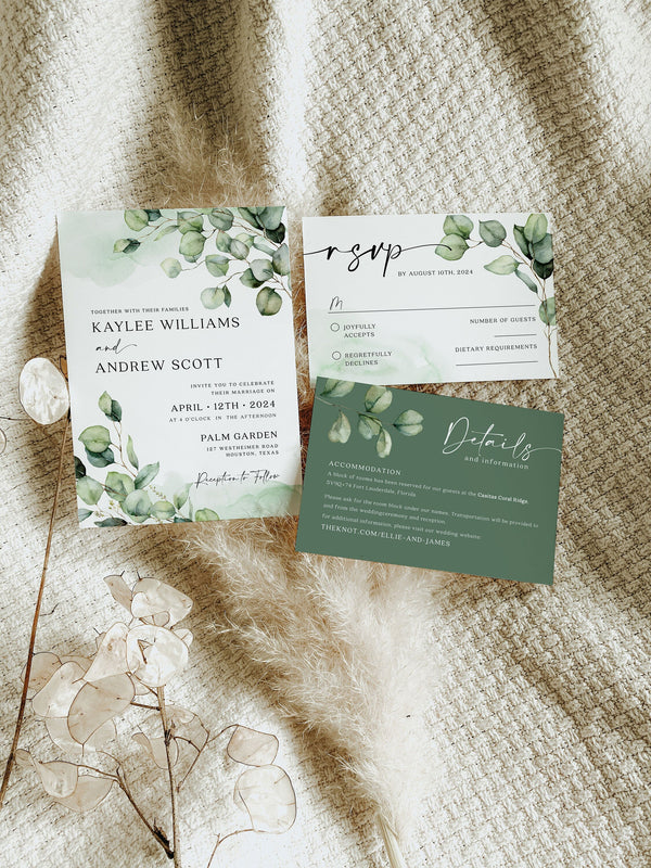 Greenery Wedding invitation template, Wedding invitation suite, Eucalyptus invitation set with details, reply and gift card templates #Elise