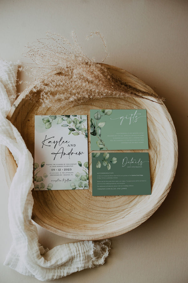 Greenery invitation with details, reply and gift cards #Elise