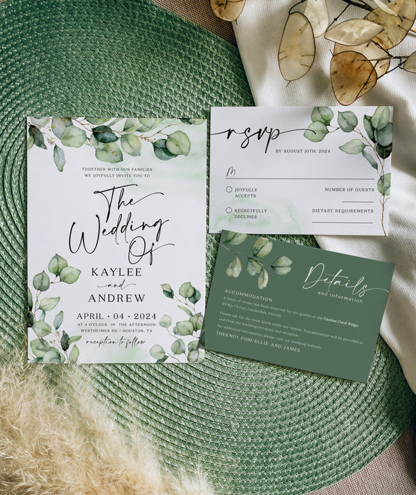 Greenery wedding invitation suite, Wedding invitation template, 4 cards included #Elise